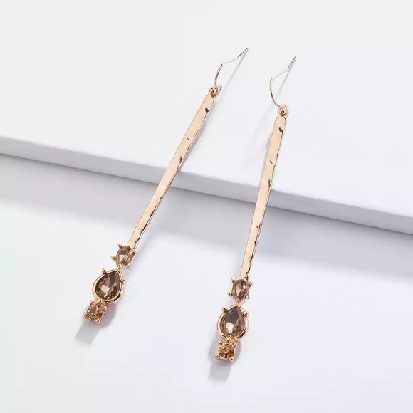 Anthropologie Gold Plated Tan Honey Teardrop Crystal Long Bar Earrings - Picture 8 of 8